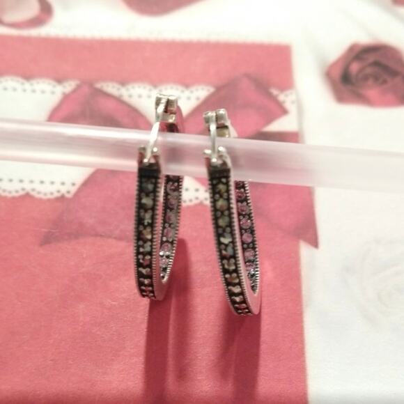 925 Sterling Silver Round Hoop Huggie Earrings Pink Sapphires Marcasites Signed - Picture 4 of 15